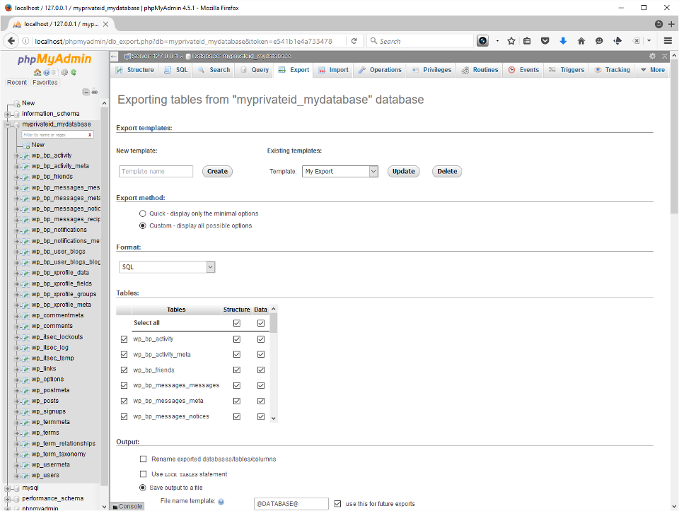 The screenshot shows the Export tab after it was pressed with our database selected.