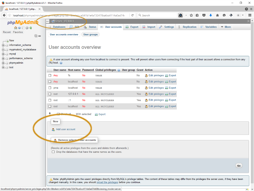 Screenshot showing user creation screen in PHPMyAdmin.