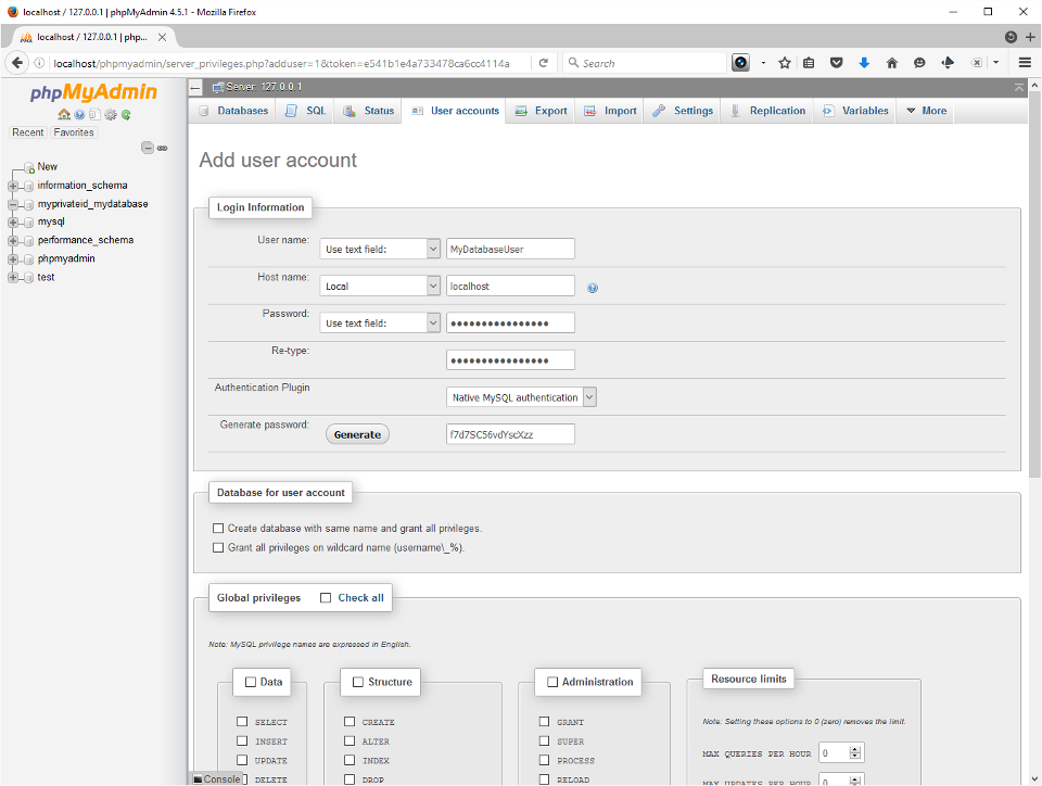 Screenshot showing user login setup in PHPMyAdmin.