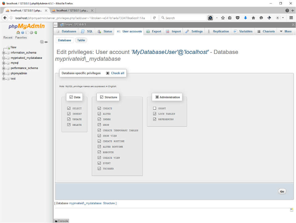 Screenshot showing user granted all privileges except 'Grant' in PHPMyAdmin.