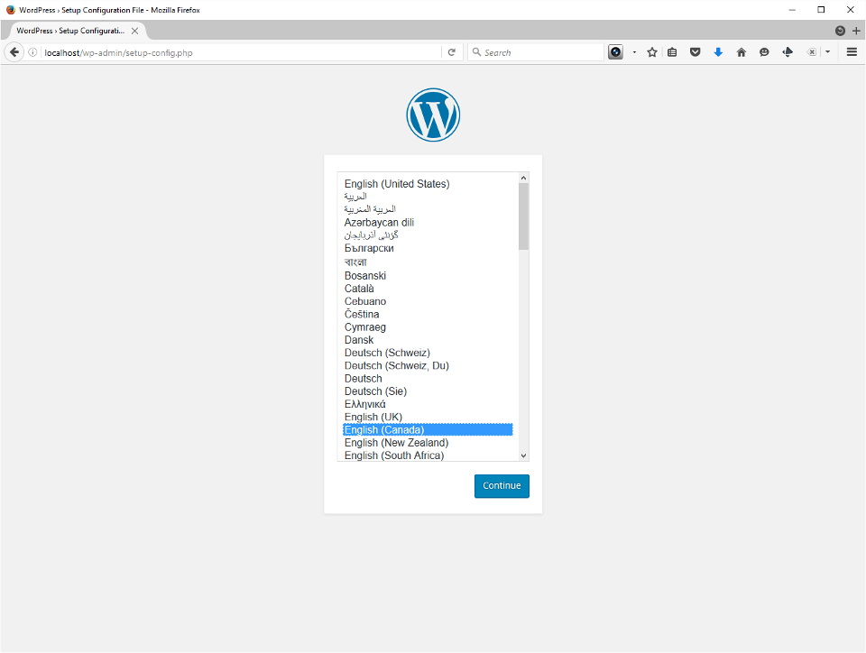 The screenshot shows the language selection screen.