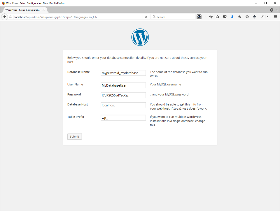 The screenshot shows the Database connection details.