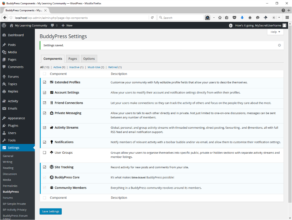 Screenshot showing BuddyPress Components setup. I enabled all of them except Groups, which the tab shows is Retired, superceded by bbPress forums, which we've also installed. 