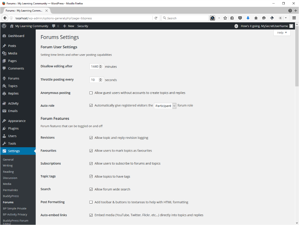 Screenshot showing minutes to edit post set to 1440 minutes (24 hours).