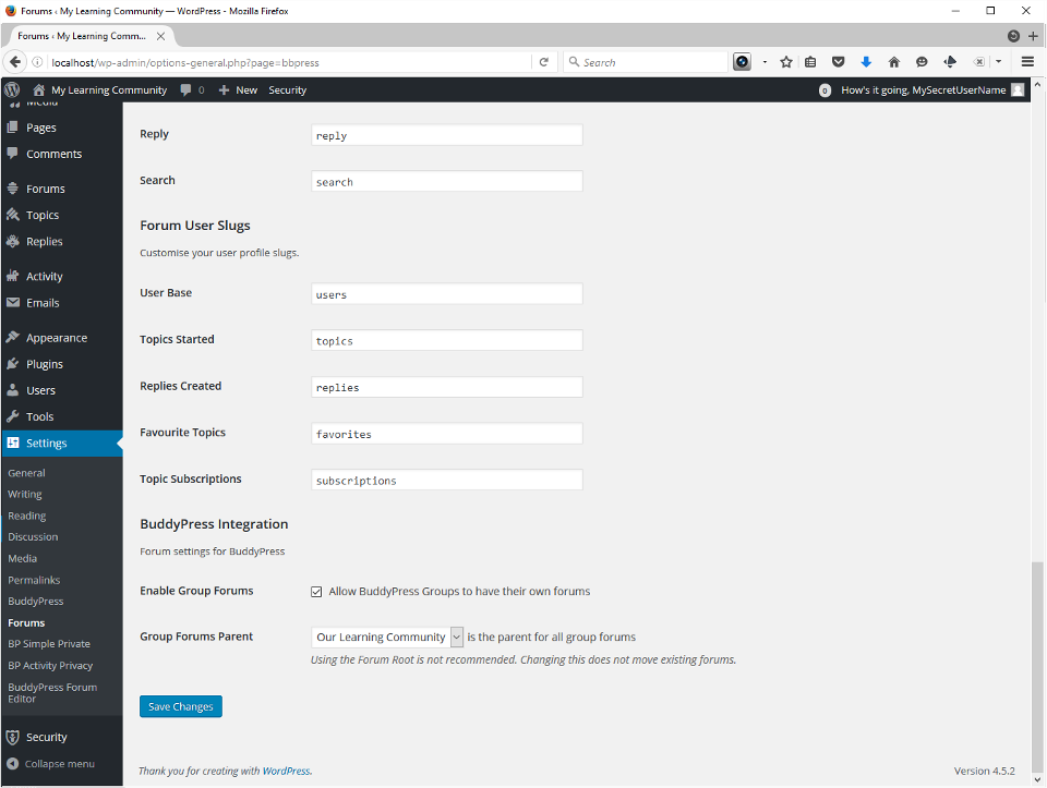 Screenshot showing BuddyPress Integration at the bottom of the Forums settings page, with the Group forums parent set to the private forum we created in the previous step.