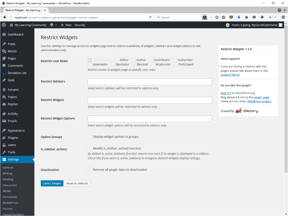 Screenshot showing Restrict Widgets default settings. I left all the defaults unchanged. 