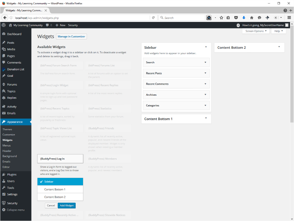 The screenshots show the process for placing a widget in the sidebar.