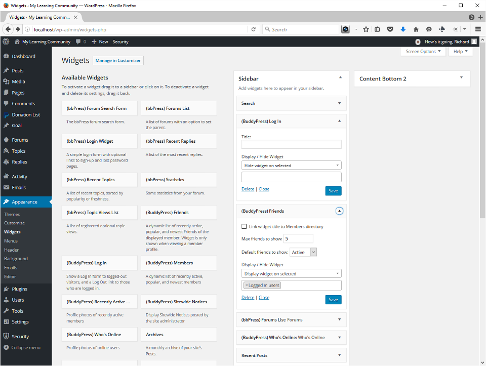 The screenshots show the process for placing a widget in the sidebar.