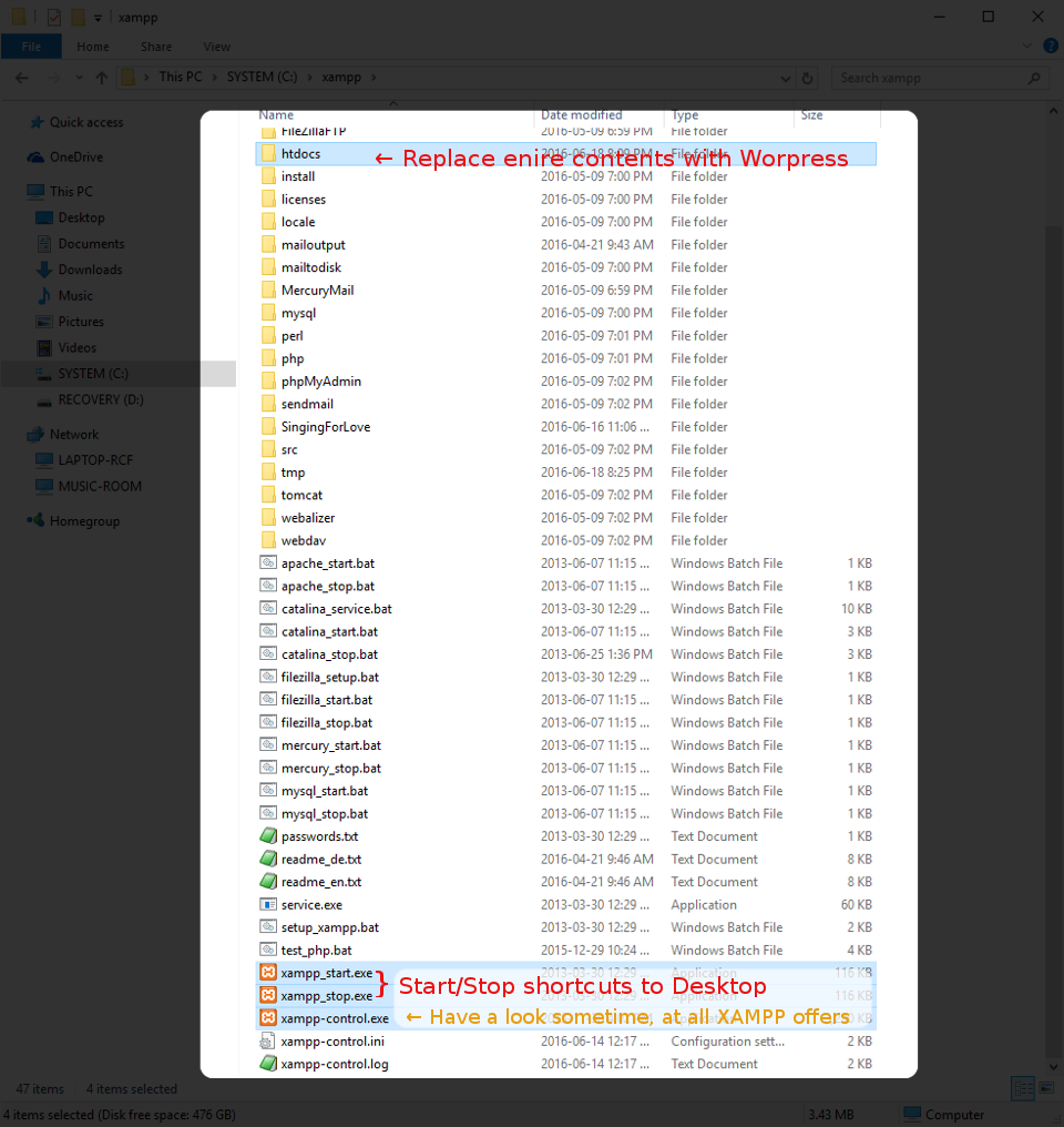 Screenshot showing contents of XAMPP folder on a Windows system. The htdocs folder and the start and stop links are highlighted, and the XAMPP control panel is marked for the curious to explore further later.
